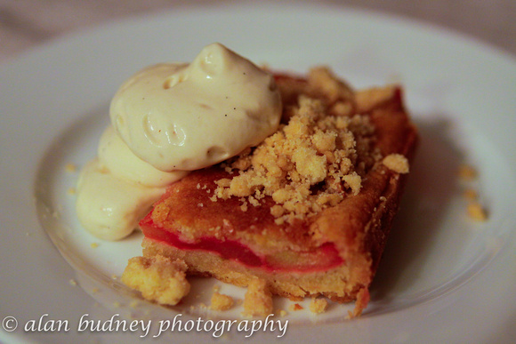 ysc alsatian-32 rhubarb and brown butter tart with whipped strawberry anglaise